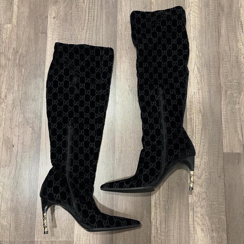 Tom Ford Gucci 90s Black Velvet Knee High Bamboo Heel Boots